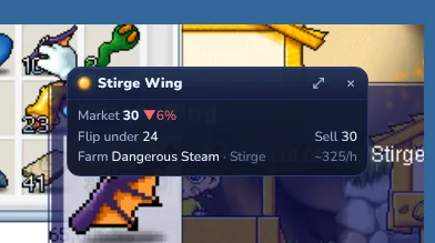 An item card over the game: market price, trend, the price to flip under and where to farm it