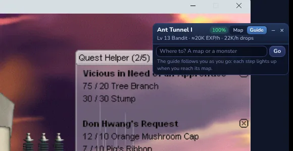 The map panel: the map you're on, how good it is for your level, and a box to type where you want to go
